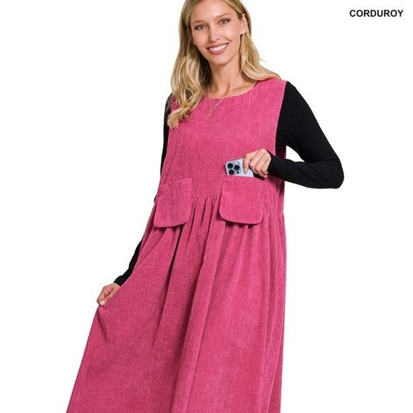 NWOT Zenana Outfitters Magenta Corduroy Overall Pocket Sleeveless Dress Small - Picture 1 of 14